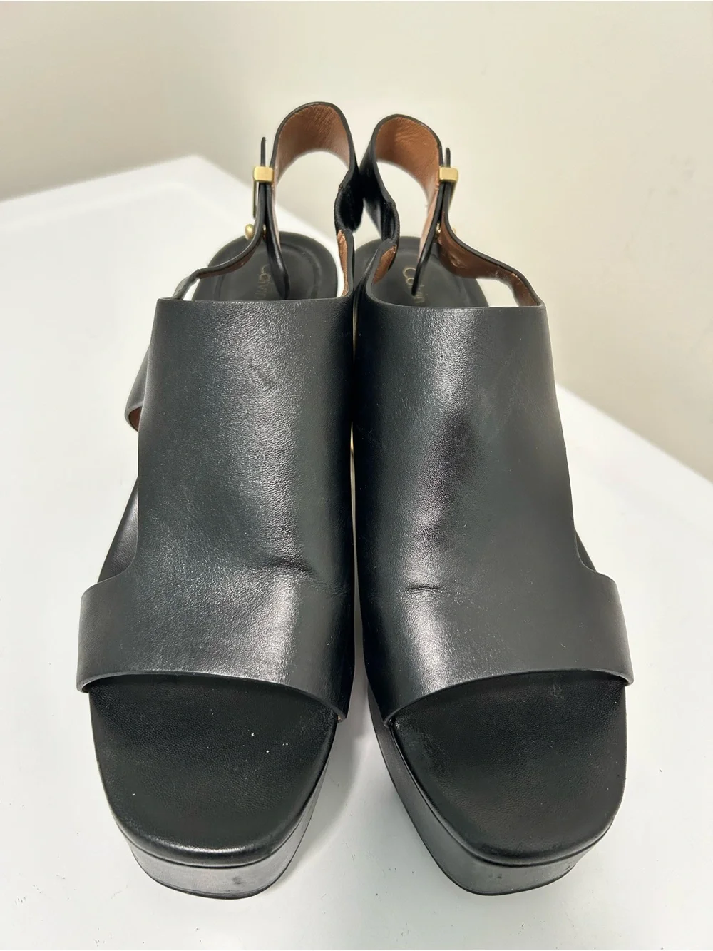 Calvin Klein Iven Platform Sandals Black with Gold Heel Size 9